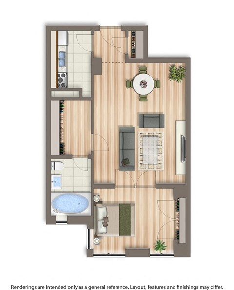 studio apartment floor plan rendering at baystate apartments in washington dc
